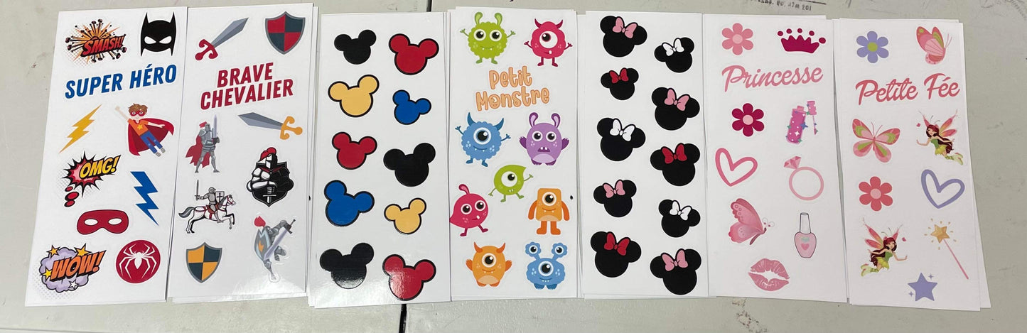Autocollant laminé pour enfant -Princesse-Super Héro-Mickey-Minnie-Monstre-Fée