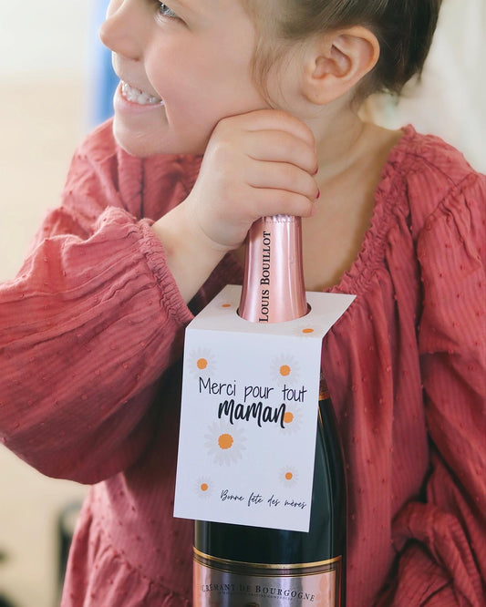 Étiquette cadeau bouteille de vin -Merci pour tout maman (Modèle marguerite)